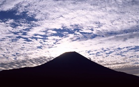 Monte Fuji, Japão, silhueta, nuvens, crepúsculo