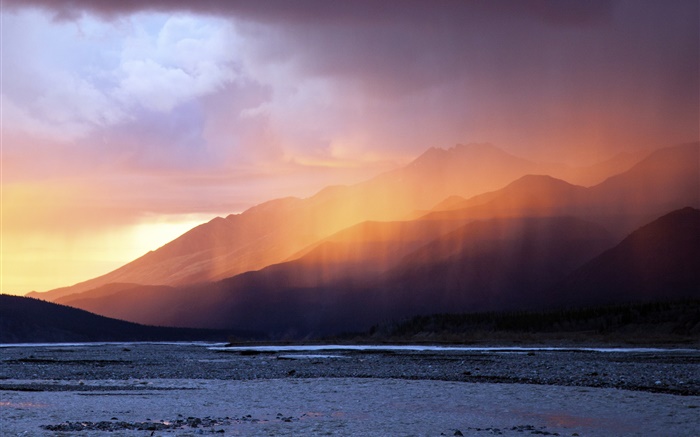 Montanhas, nascer do sol, amanhecer, nevoeiro, nuvens Papéis de Parede, imagem