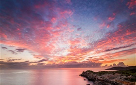 Oceano, costa, rochas, por do sol, céu vermelho, paisagem bonita HD Papéis de Parede