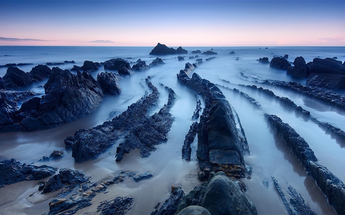 Oceano, costa, pedras, rochas, amanhecer Papéis de Parede, imagem