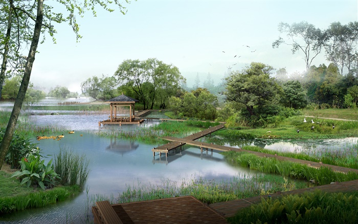 opinião do parque, lago, patos, árvores, pavilhão, grama, pássaros, 3D render imagens Papéis de Parede, imagem