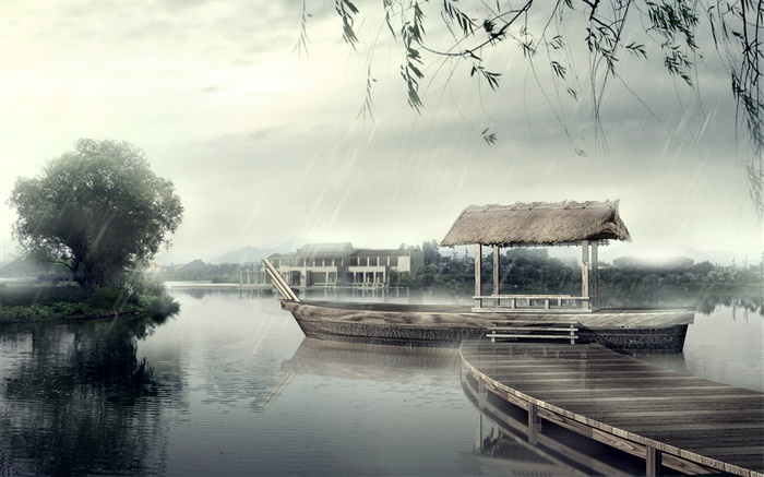 Cais, barco, rio, árvores, dia chuvoso, design 3D Papéis de Parede, imagem