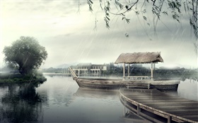 Cais, barco, rio, árvores, dia chuvoso, design 3D HD Papéis de Parede