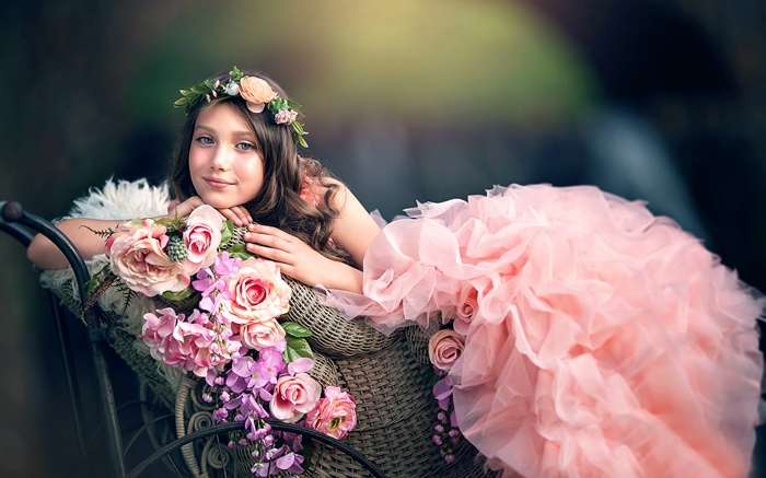 menina do vestido cor de rosa, flores, grinalda Papéis de Parede, imagem