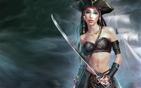 Menina do pirata, navio, arte da fantasia HD Papéis de Parede
