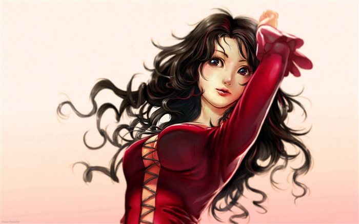 fantasy menina vermelho, cabelo encaracolado Papéis de Parede, imagem