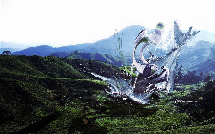 monstro robô, respingos de água, montanhas, criativas design imagens Papéis de Parede, imagem