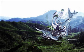 monstro robô, respingos de água, montanhas, criativas design imagens HD Papéis de Parede