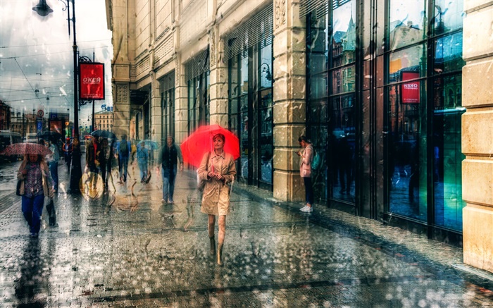 São Petersburgo, menina, guarda-chuva, chuva, rua, as pessoas Papéis de Parede, imagem