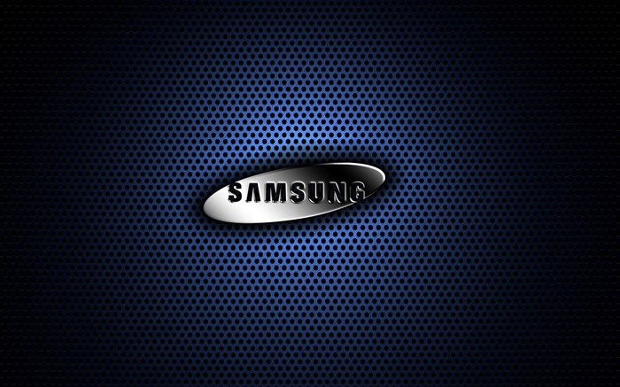 Samsung de metal logotipo, fundo azul Papéis de Parede, imagem