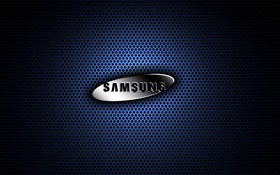 Samsung de metal logotipo, fundo azul HD Papéis de Parede