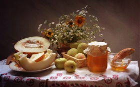 Ainda vida, comida, flores, maçãs, mel, melão