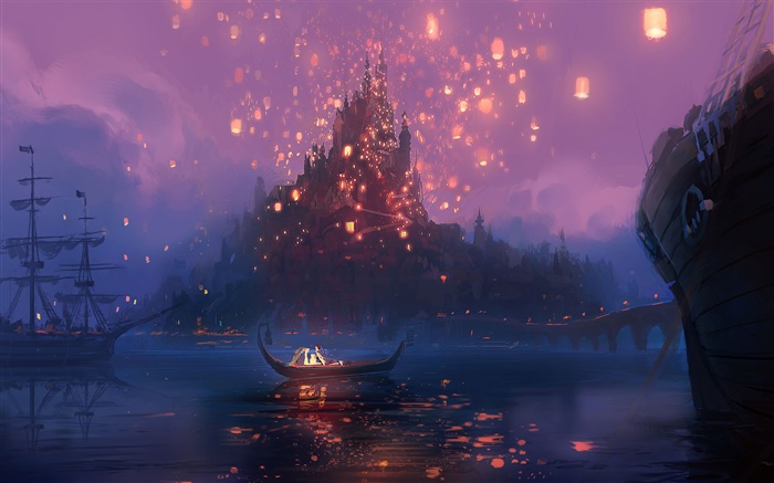 Emaranhado, Rapunzel, rio, barco, noite, luzes, filme de desenhos animados, arte Papéis de Parede, imagem
