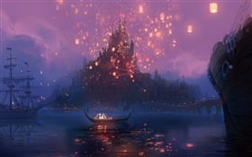 Emaranhado, Rapunzel, rio, barco, noite, luzes, filme de desenhos animados, arte