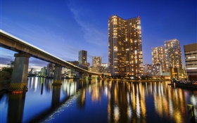 Tóquio, Japão, cidade, noite, baía, reflexão da água, arranha céus, luzes HD Papéis de Parede