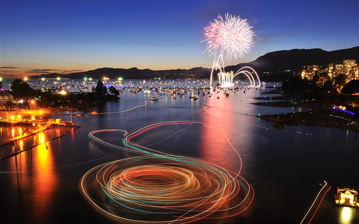 Vancouver, British Columbia, Canadá, Inglês Bay, noite, fogos de artifício, barcos Papéis de Parede, imagem