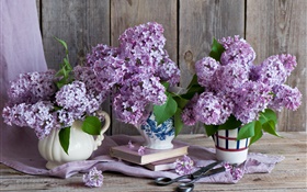 Vaso, lilás, flores roxas, livros, tesoura HD Papéis de Parede