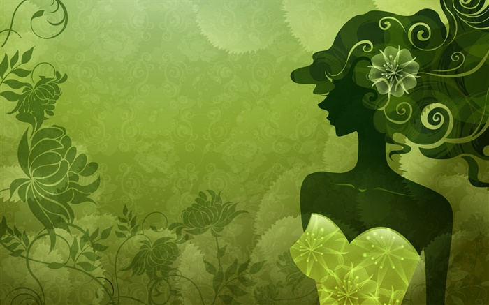 Vetor da menina, estilo verde, flores, design Papéis de Parede, imagem