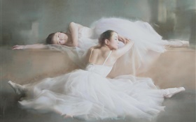 Pintura em Aquarela, balé, meninas do dançarino, vestido branco HD Papéis de Parede