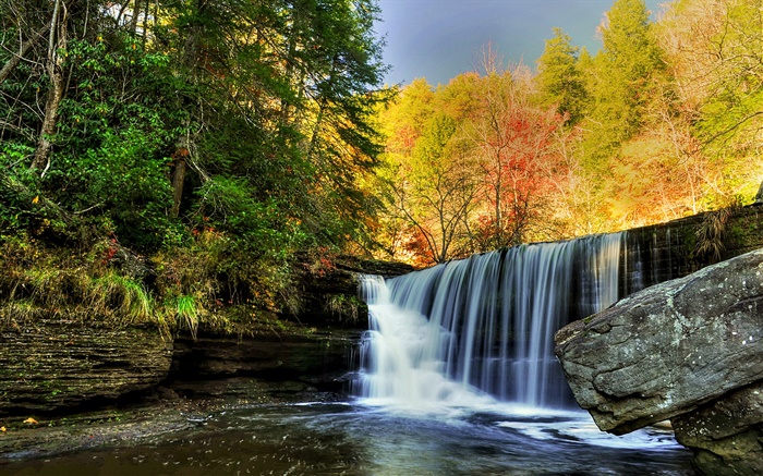 Cachoeira, rochas, pedras, árvores, outono Papéis de Parede, imagem