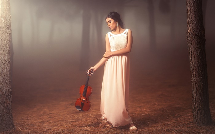 menina vestido branco na floresta, violino, humor Papéis de Parede, imagem