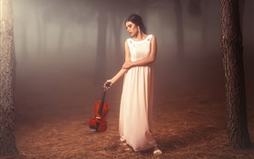 menina vestido branco na floresta, violino, humor HD Papéis de Parede