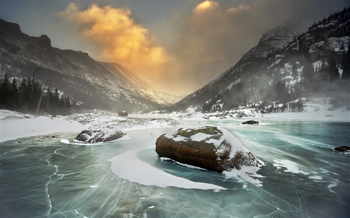 Inverno, neve, montanhas, lago, paisagem natureza Papéis de Parede, imagem