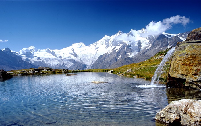 Alpes, lago, nuvens, céu azul Papéis de Parede, imagem