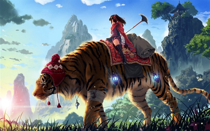Anime girl passeio de tigre, montanhas, grama Papéis de Parede, imagem