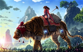 Anime girl passeio de tigre, montanhas, grama