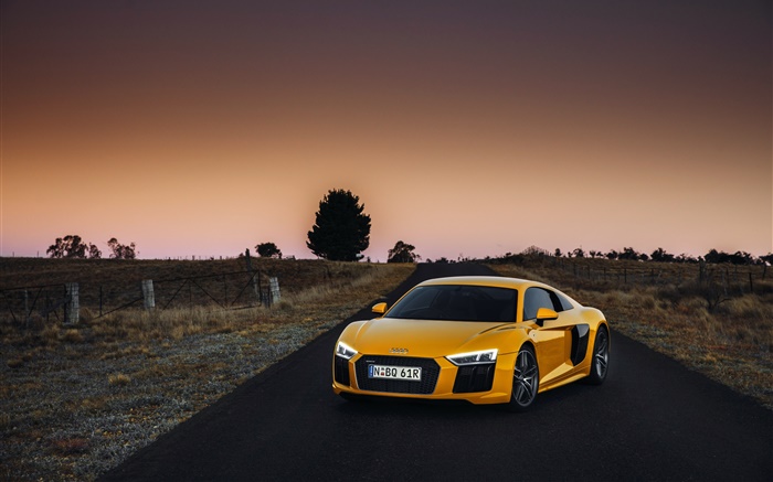 Audi R8 V10 supercar amarelo, anoitecer Papéis de Parede, imagem