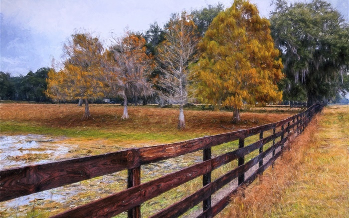 pintura do outono, árvores, cerca Papéis de Parede, imagem