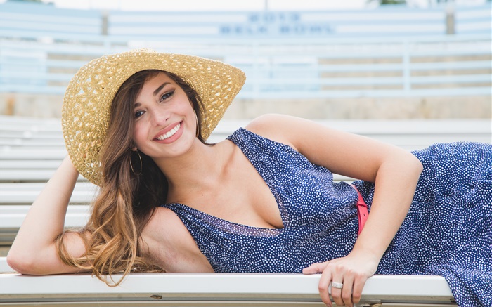 vestido de sorriso Menina azul, chapéu, verão Papéis de Parede, imagem
