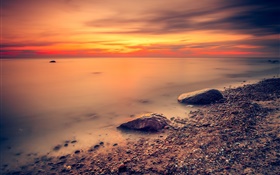 Costa, mar, praia, céu vermelho, nuvens, pôr do sol HD Papéis de Parede