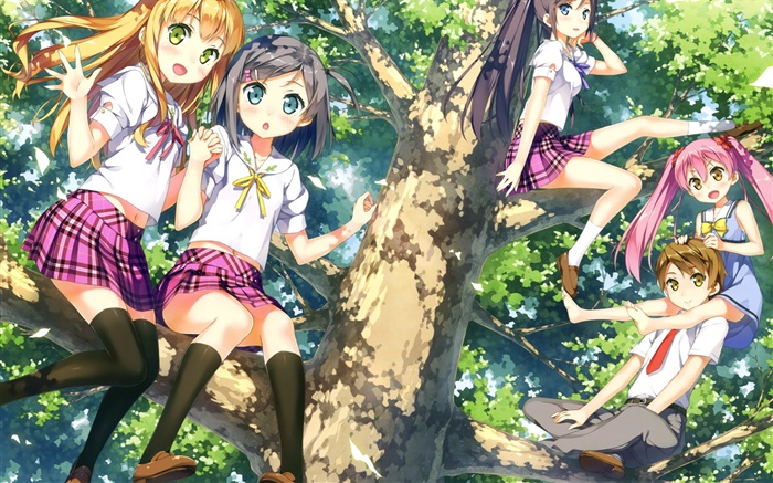 meninas cute anime na árvore Papéis de Parede, imagem