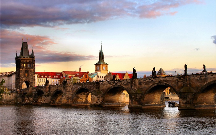 República Checa, Praga, cidade, ponte, rio, casas Papéis de Parede, imagem