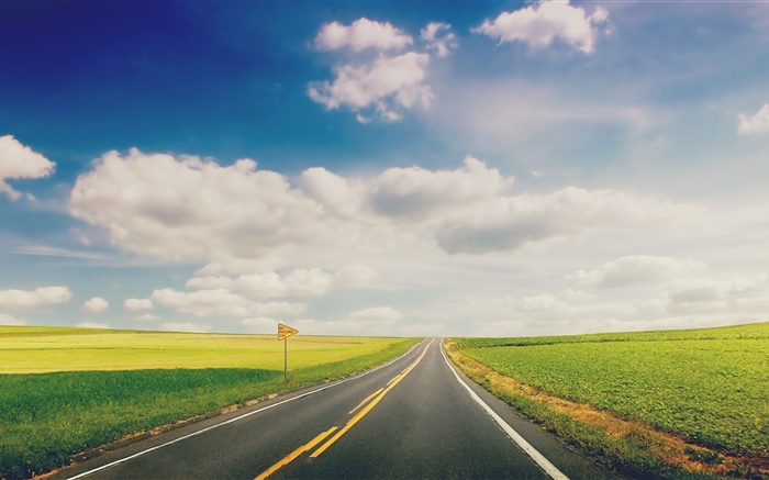 Grama verde, estrada, nuvens Papéis de Parede, imagem