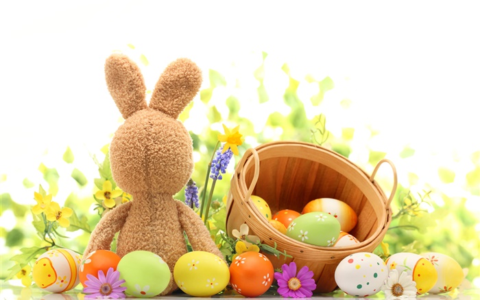 Feliz Páscoa, ovos coloridos, decoração, tulipas, coelho de brinquedo Papéis de Parede, imagem