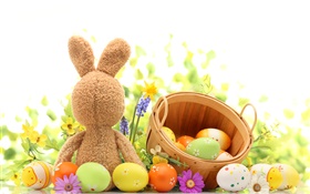 Feliz Páscoa, ovos coloridos, decoração, tulipas, coelho de brinquedo HD Papéis de Parede