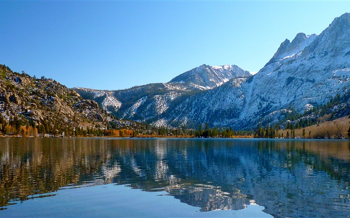 Lago, montanhas, céu, árvores, outono, reflexão da água Papéis de Parede, imagem