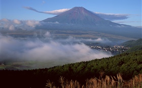 Monte Fuji, Japão, cidade, floresta, grama, nevoeiro, nuvens HD Papéis de Parede