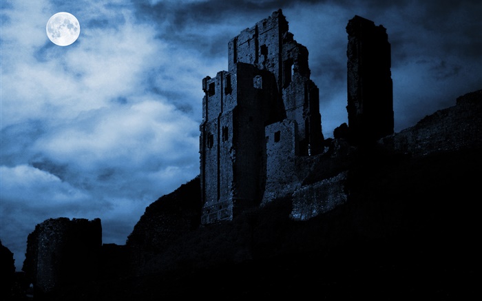 Noite, lua, ruínas, fortaleza, nuvens Papéis de Parede, imagem