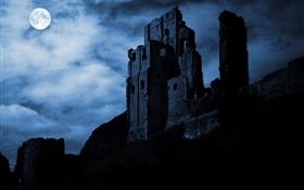 Noite, lua, ruínas, fortaleza, nuvens HD Papéis de Parede