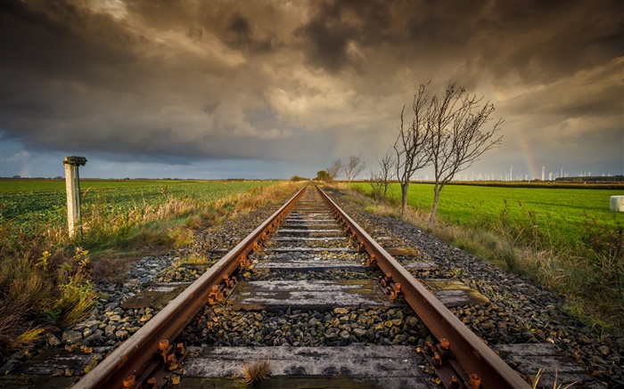 Railway, árvores, nuvens, crepúsculo Papéis de Parede, imagem