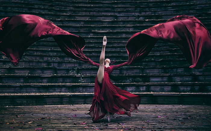 menina dança vestido vermelho, escadas Papéis de Parede, imagem