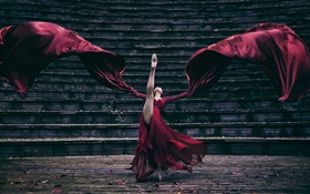 menina dança vestido vermelho, escadas HD Papéis de Parede