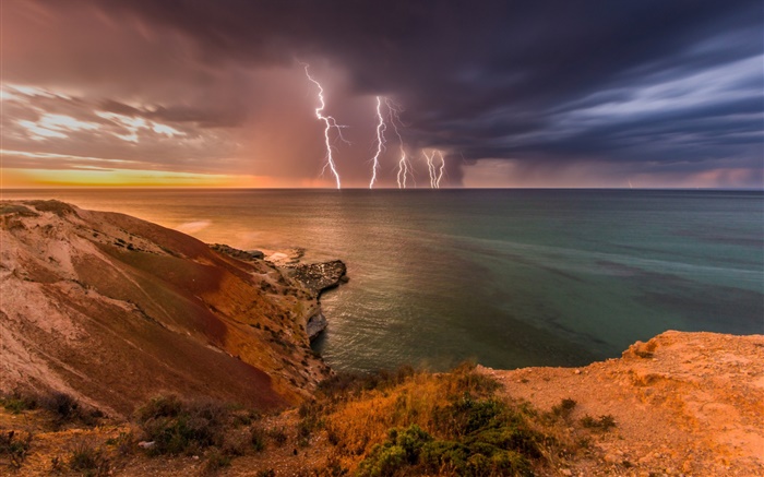 South Australia, tempestade, nuvens, relâmpago, mar, costa Papéis de Parede, imagem
