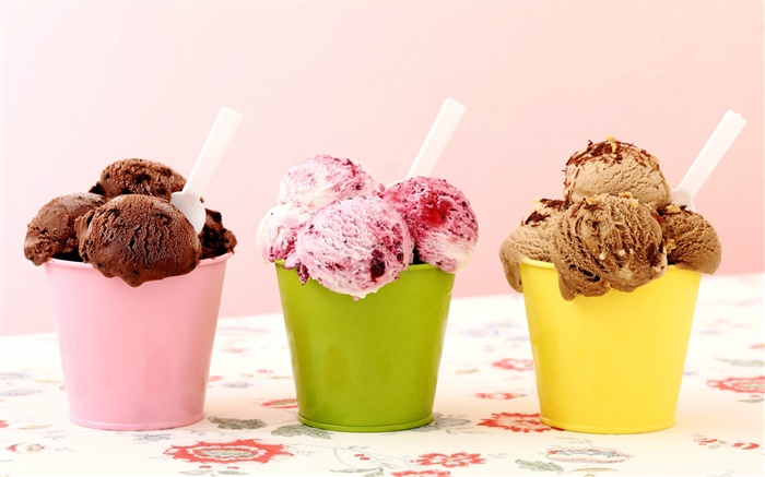 Três tipos de sorvete, chocolate, framboesa, sobremesa Papéis de Parede, imagem