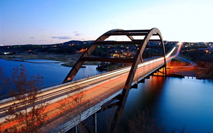 EUA, Texas, Austin, ponte, rio, cidade, crepúsculo Papéis de Parede, imagem