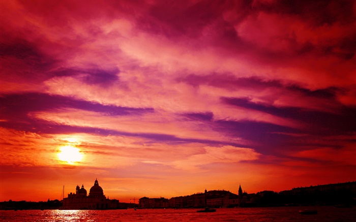 Veneza, Itália, rio, pôr do sol, céu vermelho Papéis de Parede, imagem